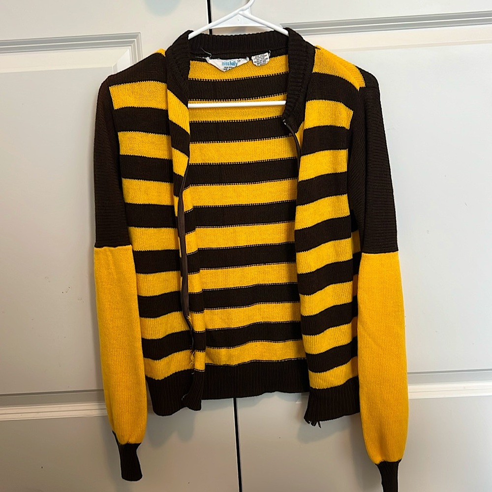 Vintage 60s 70s Miss Holly Brown $ Yellow Crochet Long Sleeve Cardigan Sweater S